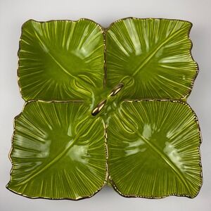 Vintage California Pottery Green Leaf Divided Serving Tray Gold Trim USA